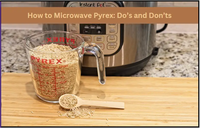 a pyrex measuring cup with rice sitting in front of a microwave