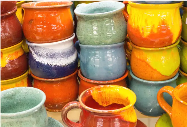 colorful ceramic mugs