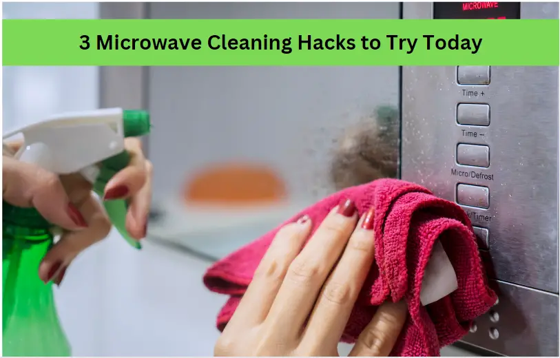 a person cleaning a microwave with a towel in one hand and spray in another.