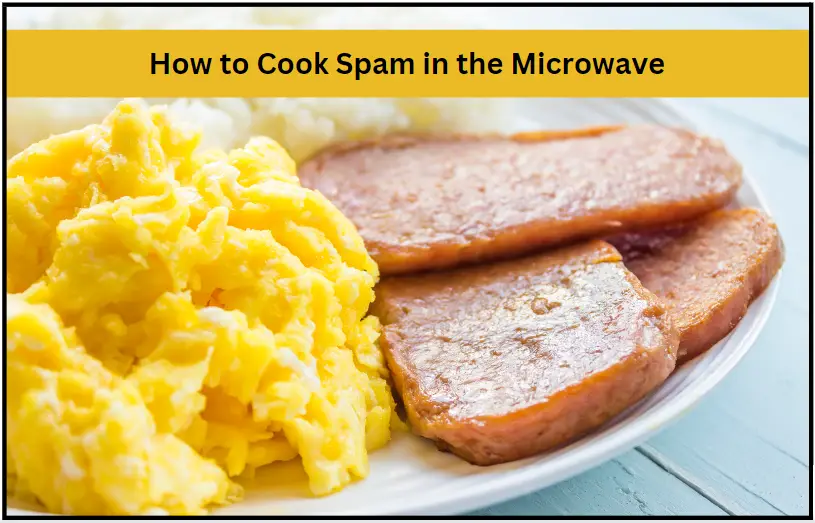 3 slices of microwaved spam on a plate with scrambled eggs